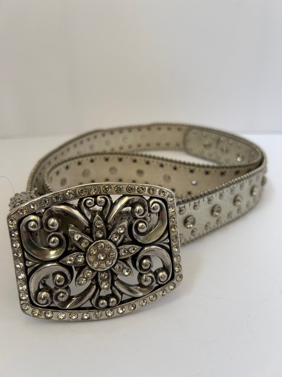 foxy goods Accessories - Rhinestone Embellished White Leather Belt with Ornate Silver Buckle